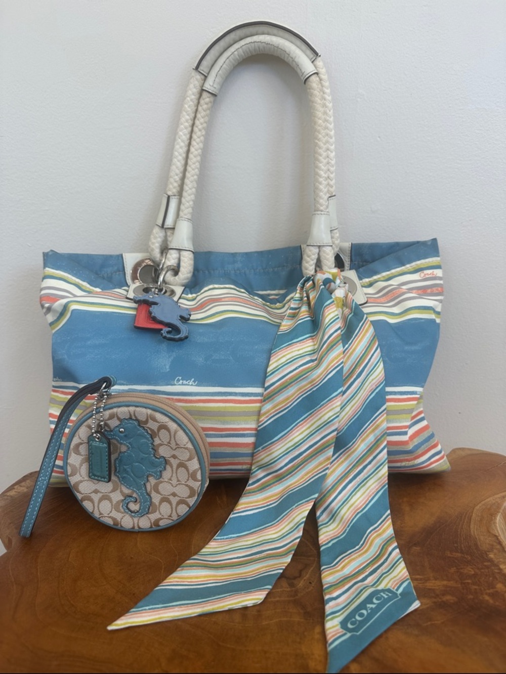Coach Seaside Striped Canvas Tote with Scarf and Seahorse Charm